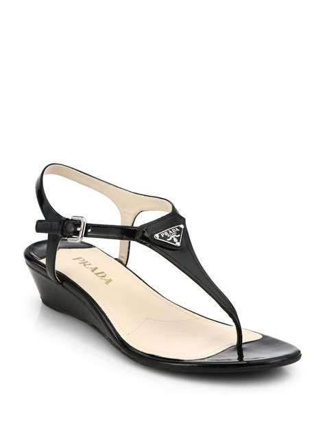 prada patent leather peep-toe sandals|Prada thong wedge sandals.